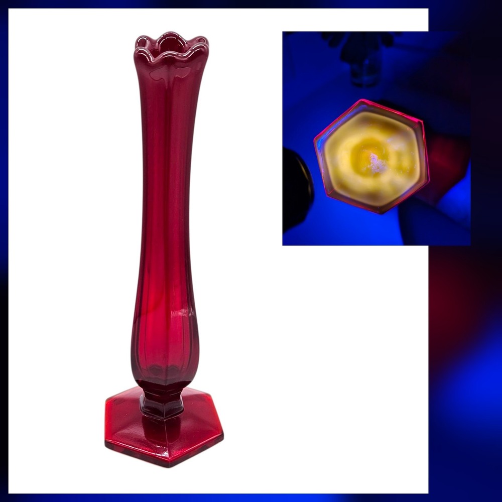 Red Amberina Glass Swung Vase 6 Finger Panel Hexagonal Pedestal UV Glow 8.25"